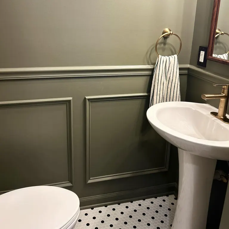 Olive powder room with white basin, painted wainscoting and a towel on warm metallic hardware.